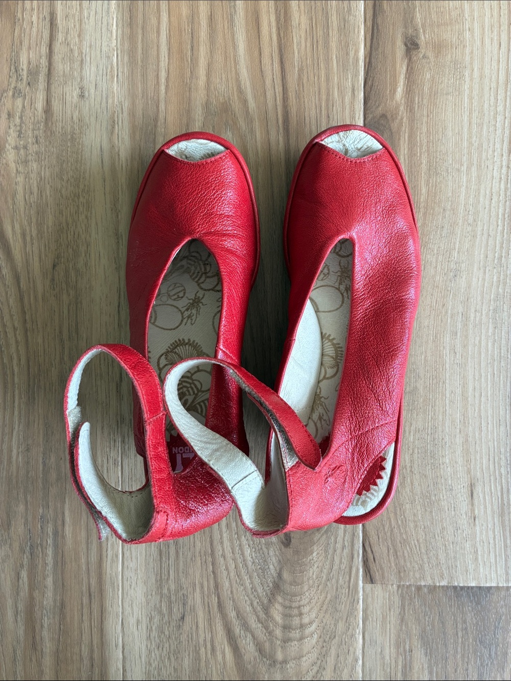 Fly London Red Leather Peep-Toe Slingback Heels